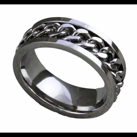 Stainless Steel Unisex Chain Spinner Ring Silver Tone Sizes 7-11 Wedding Band - Picture 2 of 6